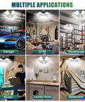 LED garage lights showing usage in garage, gym, warehouse, studio, laundry room, basement; 2 Pack LED Garage Lights With Six Plus One Adjustable Panels 160W 16000LM 6500K Daylight Ceiling Shop Light For Basement Workshop Attic Perfect For Bright Garage And Workbench Areas.