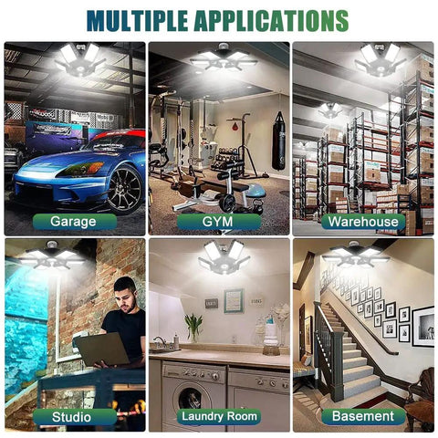 LED garage lights showing usage in garage, gym, warehouse, studio, laundry room, basement; 2 Pack LED Garage Lights With Six Plus One Adjustable Panels 160W 16000LM 6500K Daylight Ceiling Shop Light For Basement Workshop Attic Perfect For Bright Garage And Workbench Areas.
