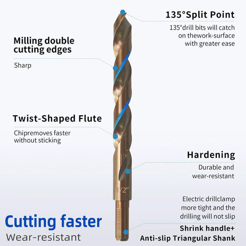 Heavy Duty Cobalt Drill Bits Set 5/16 Inch M35 High Speed Steel Jobber Length 135 Degree Split Point For Hardened Metals Stainless Steel Cast Iron 10 Piece Kit In Storage Case showing detailed features