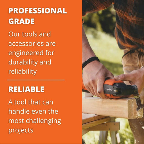 Close-up of hands using a Brushless Compact Angle Grinder Built Like A Tank For Heavy Duty Grinding And Sharp Cutting Jobs on wood.