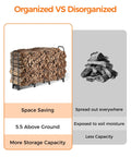 Comparison of Heavy Duty 6ft Firewood Rack for Indoor and Outdoor Use Black Metal Log Holder vs disorganized wood pile