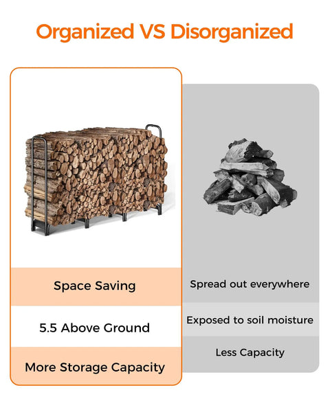 Comparison of Heavy Duty 6ft Firewood Rack for Indoor and Outdoor Use Black Metal Log Holder vs disorganized wood pile
