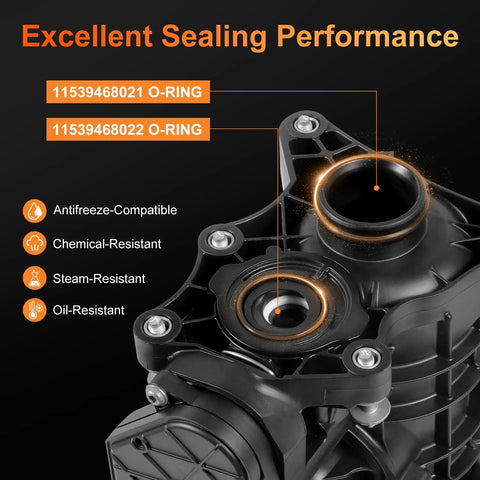 Direct Fit Heat Management Thermostat Housing Assembly With Sensor No Fuss Bolt Up For BMW X3 X4 X5 Z4 GT 2019 To 2024 B46 B48 Engines 11538642560 close-up view showcasing dual O-rings for sealing performance.