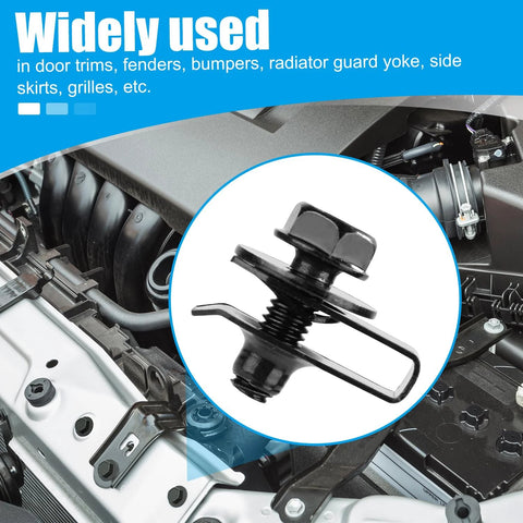 Close-up of a U-nut with gasket screw installed on a car engine, part of a 50 Piece Automotive Body Bolts And U Nut Clamp Kit for most cars.