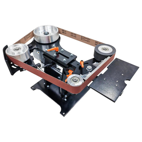 Heavy Duty Variable Speed Belt Sander Grinder For Knives Knockout Performance Electric Polish Machine With Easy Tweak Controls 220V Power metal workbench with belts and pulleys.