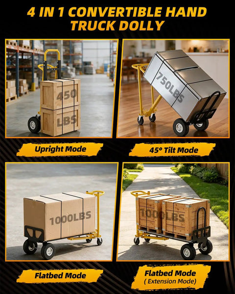 4 In 1 Convertible Hand Truck With 1000 Lb Capacity Dolly Cart And Wheels, Built Tough Heavy Duty Steel Frame For Moving Furniture And Boxes, Easy Load Transfer, Portable Mobility, And Versatile All Purpose Use. Upright mode with wooden crates.