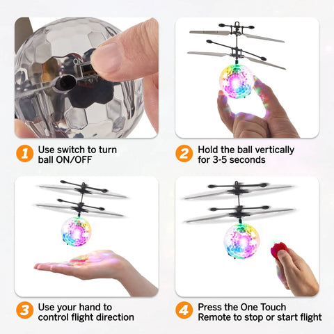 Indoor Hand Operated Flying Orb Ball Toy For Kids With LED Lights Remote Control Mini UFO Drone usage instructions with hand and remote