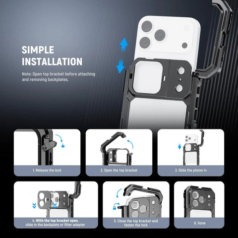 Step-by-step installation guide for Phone Cage Rig for iPhone 17 Pro Max With Quick Release Stabilizer Kit.