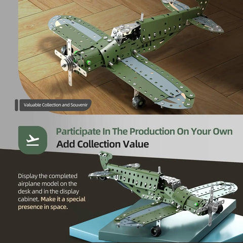 Hands-On DIY Model Airplane Kit With 285 Metal Parts, Fighter Jet STEM Building Project on display shelf
