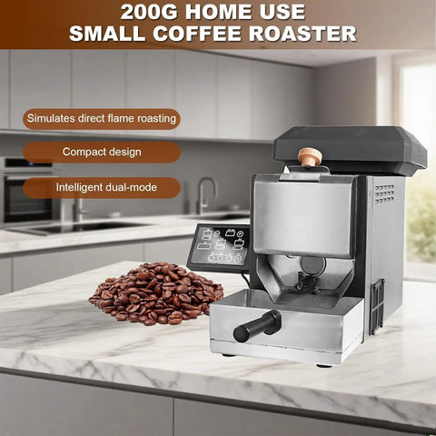 Top Shelf Home Coffee Bean Roaster With Direct Fire Roasting Drum, Rapid Cool Tray, Smart Button Controls, Built In Dust Catcher on a kitchen counter.