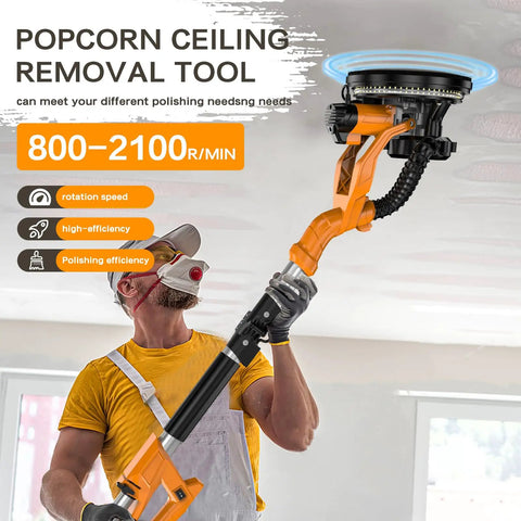 Heavy Duty Electric Drywall Sander With Vacuum Dust Collector For Popcorn Ceiling Removal And Smooth Wall Finishing No Dust Hassle Job Site Must Have, in use by a contractor.