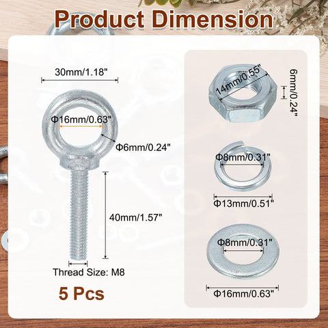 Beefy Five Pack M8 Galvanized Carbon Steel Eye Bolts With Nuts And Washers Heavy Duty Screw Eye Bolts Kit For Tie Down Straps Indoors Outdoors 5/16 Inch By 1.57 Inch Lifting Rings Silver size diagram with bolts, nuts, washers