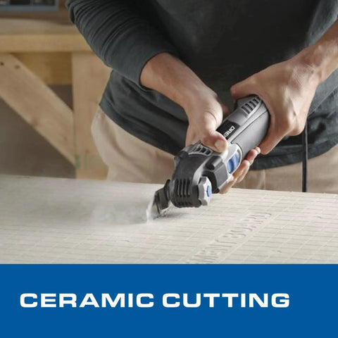 Cordless 20V Max Lithium Ion Oscillating Multi Tool Kit in use cutting ceramic tile, showing precision and control in action.