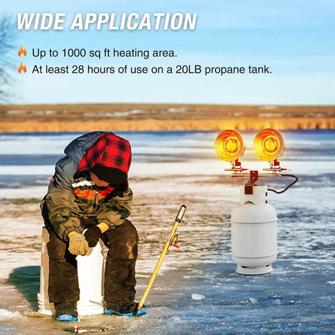 Outdoor use 30000 BTU Propane Patio Heater with dual head radiant heat, no power needed, for patio camping fishing garage.