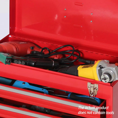 Open red Heavy Duty 4 Drawer Metal Tool Box With Ball Bearing Slides And Lid Interlock Safety Design Built Tough Steel Chest Cabinet