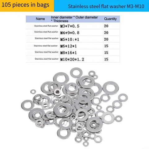 105-Piece Stainless Steel Flat Washer Set For Metric Sizes M3 M5 M6 M8 M10 Gasket Rings No Fuss For Home Improvement Outdoor Projects And Furniture Assembly Rust Resistant Durable With Smooth Edges, assorted sizes