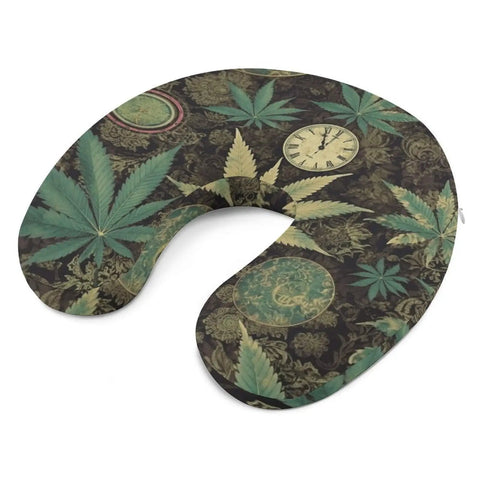 A Puff In Time Weed Marijuana Travel Pillow U Shape Memory Foam Neck Support with cannabis leaf design on cover.