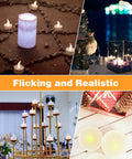 Collage of 50 Pack Warm White LED Tea Lights Flickering Flameless Battery Operated Candles for Decor in various settings