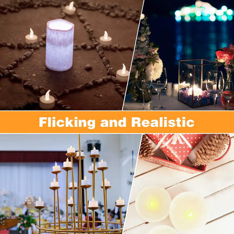 Collage of 50 Pack Warm White LED Tea Lights Flickering Flameless Battery Operated Candles for Decor in various settings