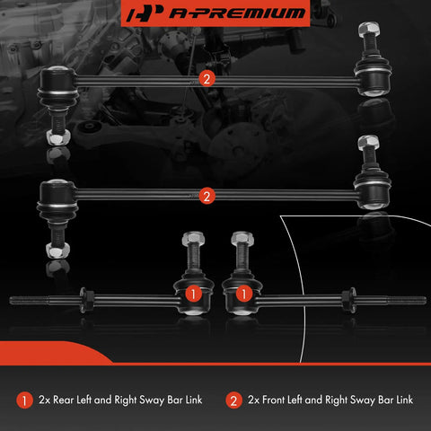 Image showing a Set Of 4 Front And Rear Sway Bar Link Kit For Chevy Equinox 2008 2017, GMC Terrain 2010 2017, Pontiac Torrent 2008 2009 Easy Install Replacement with two pairs of sway bar links arranged parallel to each other.
