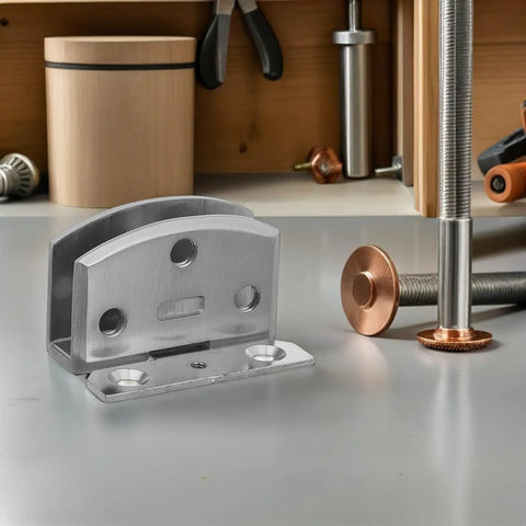 Double Pack Dead Quiet Stainless Steel Glass Door Hinges For Bathroom Kitchen Cabinet Replacement Top Shelf Soft Close Hardware With Easy Snap Setup Rock Solid Mirror Bracket Set displayed on a workshop table.