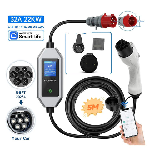 Game Changing 22Kw 32A Three Phase Type Two Portable EV Charger With Wifi App Control, 5m cable and charging interface.