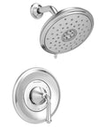 Delancey Shower Trim Kit With Pressure Balance Cartridge Polished Chrome Finish One-Piece Ceramic Duo Cartridge For Leak-Free Performance And Smooth Operation Easy Install Shower-Only Valve Trim With Ceramic Disc Valve in polished chrome, featuring a showerhead and valve trim, showcasing a modern design.