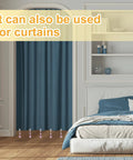 Bedroom scene with blue curtains and crystal weights. 8-Piece Tablecloth Weights With Metal Clips, Crystal Ball Pendant Curtain Weights.