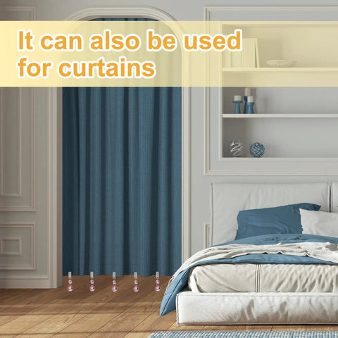Bedroom scene with blue curtains and crystal weights. 8-Piece Tablecloth Weights With Metal Clips, Crystal Ball Pendant Curtain Weights.