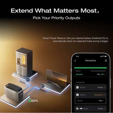 Delta 3 Max Plus Portable Power Station powering fridge and TV with app interface on smartphone screen