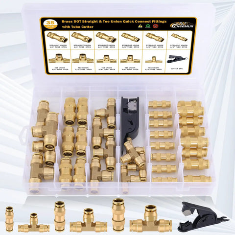 Brass DOT Air Line Fittings Kit 35 Piece Set for Air Brake System in plastic case, includes straight and tee unions and tube cutter