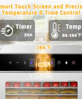 Smart controls on Heavy Duty 12 Tray Electric Food Dehydrator For Slick Batch Prepping Of Jerky Dried Fruit Veggie Chips And Pup Chews With 800 Watt Heating Dual Fan Setup And Reliable Digital Timer Controls.