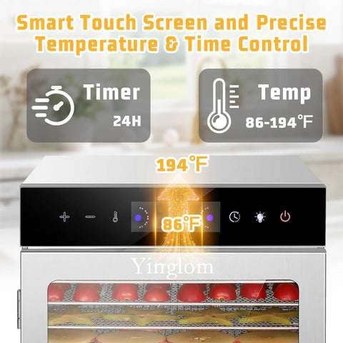 Smart controls on Heavy Duty 12 Tray Electric Food Dehydrator For Slick Batch Prepping Of Jerky Dried Fruit Veggie Chips And Pup Chews With 800 Watt Heating Dual Fan Setup And Reliable Digital Timer Controls.