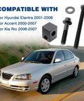 Heavy Duty Alternator Pump Pulley Adjuster Kit With Belt Tensioner Replacement Bolt Set No Sweat Installation For Hyundai Elantra Kia Rio And Accent Roll On Road, featuring a silver sedan with compatible bolts.