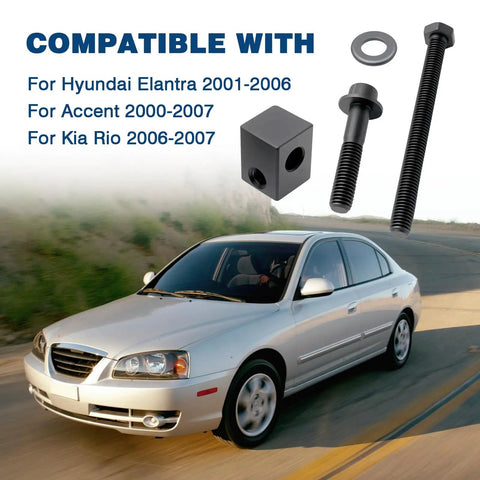 Heavy Duty Alternator Pump Pulley Adjuster Kit With Belt Tensioner Replacement Bolt Set No Sweat Installation For Hyundai Elantra Kia Rio And Accent Roll On Road, featuring a silver sedan with compatible bolts.