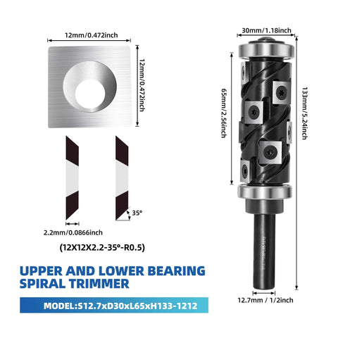 Spiral Flush Trim Router Bit, One Half Inch Shank, 65mm Cutting Length, 32mm Diameter, Top And Bottom Bearing, Heavy Duty CNC Woodworking Bit With Replaceable Carbide Inserts, 12 Piece Set For Precise Flush Cutting And Trimming.