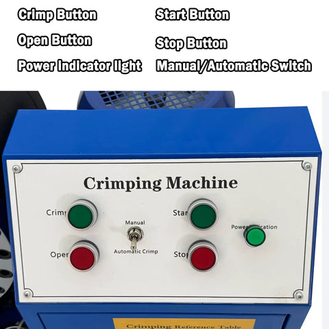 Control panel of Electric Hydraulic Hose Crimper Machine 0.2 To 4 Inch Cap With 14 Dies showing buttons and power indicator.