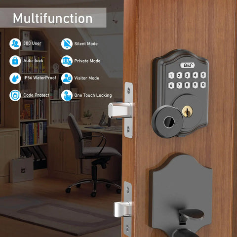 Open door showing One Touch Fingerprint Keyless Entry Door Lock With Keypad Code And Back Up Key Smart Deadbolt on office door