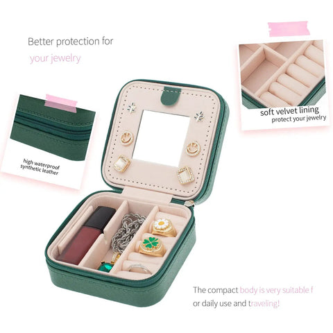 Compact Travel Jewelry Case With Mirror Portable Jewelry Box Organizer For Girls And Women shown open with accessories inside