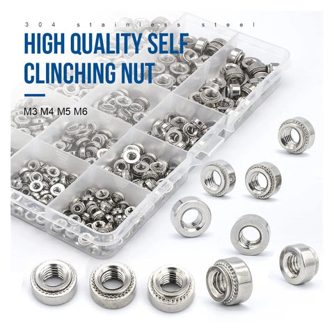 450 Piece Self Clinching Nut Assortment Kit Crafted From Top Shelf 304 Stainless Steel Featuring Rock Solid Swage Press Fit Design In M3 M4 M5 M6 Threads Ready To Nail Sheet Metal Repairs And Garage Builds