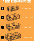 Four Pack Pegboard Baskets Set With Four Sizes S M L XL Black Metal Wire Bins For Pegboard Storage And Garage Organization On Workbenches And Walls Heavy Duty Bins That Hold Up To 30 Lbs Each shown in four sizes with dimensions