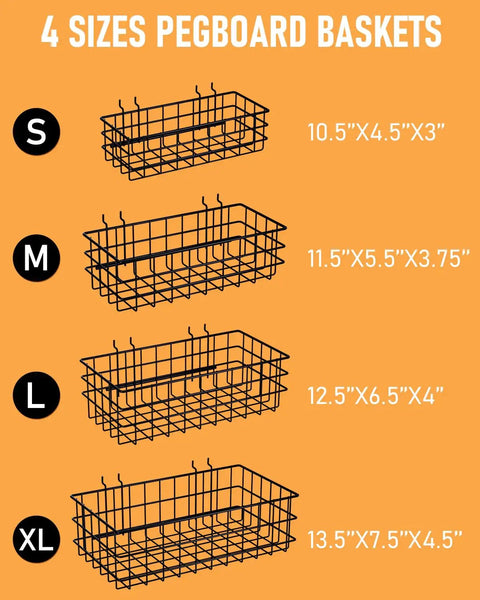 Four Pack Pegboard Baskets Set With Four Sizes S M L XL Black Metal Wire Bins For Pegboard Storage And Garage Organization On Workbenches And Walls Heavy Duty Bins That Hold Up To 30 Lbs Each shown in four sizes with dimensions