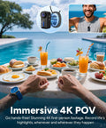View of breakfast by the pool with 4K Mini POV Action Camera With 170 Degree Ultra Wide Lens 6 Axis Stabilization Waterproof Wearable Helmet Mount for capturing adventures.