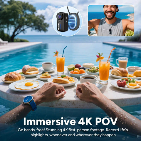 View of breakfast by the pool with 4K Mini POV Action Camera With 170 Degree Ultra Wide Lens 6 Axis Stabilization Waterproof Wearable Helmet Mount for capturing adventures.
