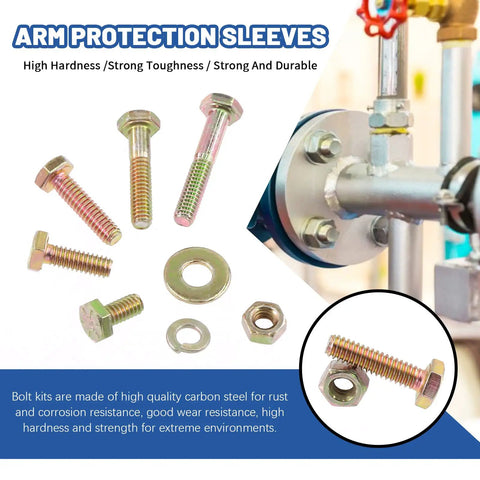 Arm Protection Sleeves with Rock Solid Hex Bolt And Nut Assortment Kit With Grade 8 Coarse Thread Fasteners and washers.