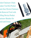 Pocket Chainsaw Chain Breaker Tool Kit with rivet removal punch and joiner, durable steel, shown with chainsaw cutting wood