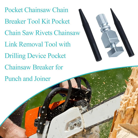 Pocket Chainsaw Chain Breaker Tool Kit with rivet removal punch and joiner, durable steel, shown with chainsaw cutting wood