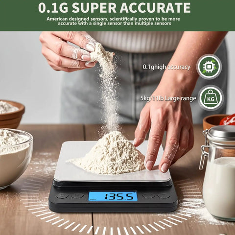 Digital Kitchen Scale For Cooking And Baking, 5Kg Capacity, 0.1g Precision, USB Rechargeable, with flour on stainless steel pan.