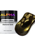 Top Shelf Diamond Gold Automotive Basecoat And Midcoat Blend Ready To Spray In A 128 Oz Gallon With Slow Reducer For Hella Flawless Pearl Finish That Pop In Sunlight with a quart can and color sample.