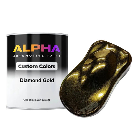 Top Shelf Diamond Gold Automotive Basecoat And Midcoat Blend Ready To Spray In A 128 Oz Gallon With Slow Reducer For Hella Flawless Pearl Finish That Pop In Sunlight with a quart can and color sample.